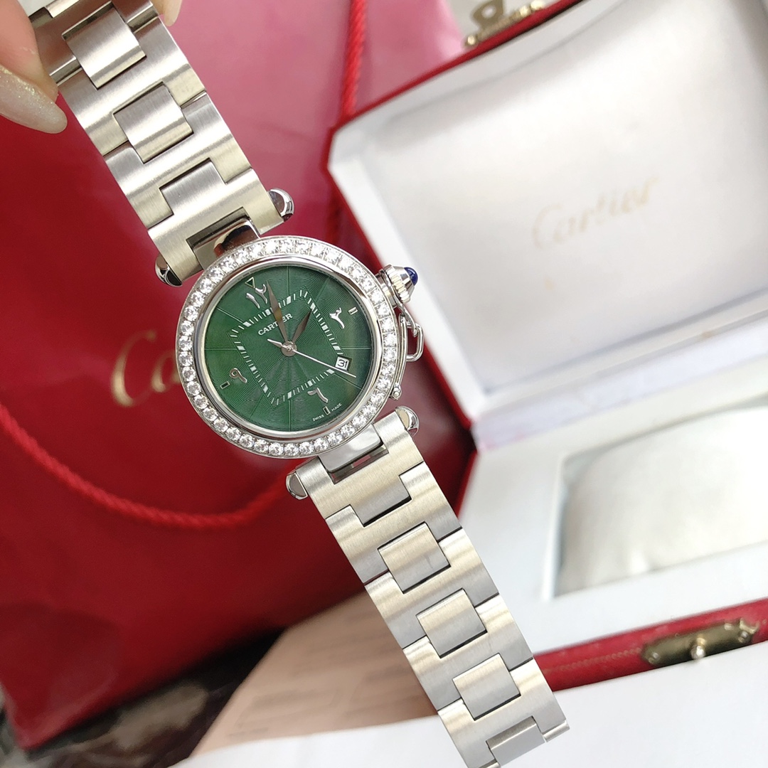 Cartier 卡地亚2021款帕莎系列腕表 最新中东限定款 墨绿色表盘 标准阿拉伯文数字 35mm表款