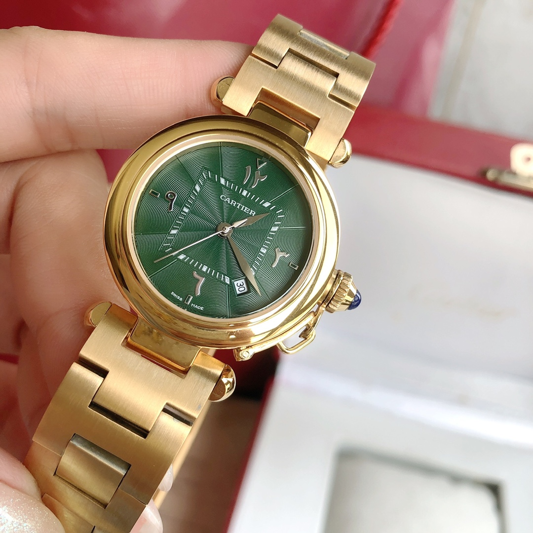 Cartier 卡地亚2021款帕莎系列腕表 最新中东限定款 墨绿色表盘 标准阿拉伯文数字 35mm表款