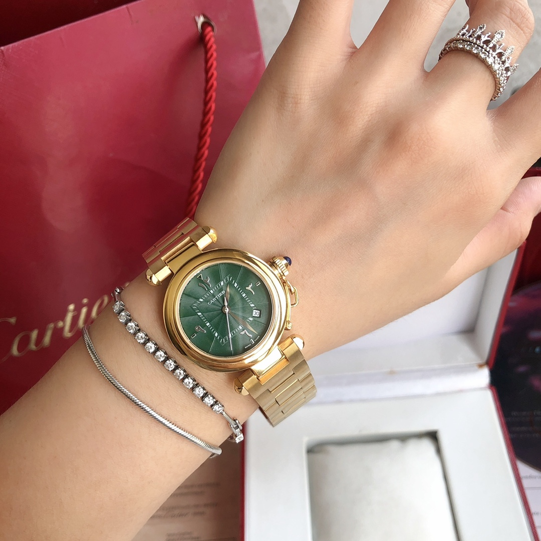 Cartier 卡地亚2021款帕莎系列腕表 最新中东限定款 墨绿色表盘 标准阿拉伯文数字 35mm表款