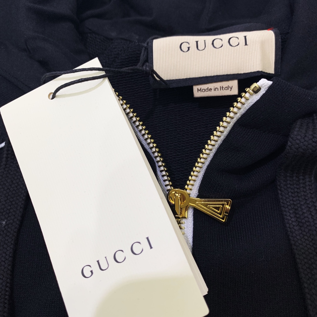 GUCCI古驰 22Fw 红绿织带半拉链长袖连帽卫衣