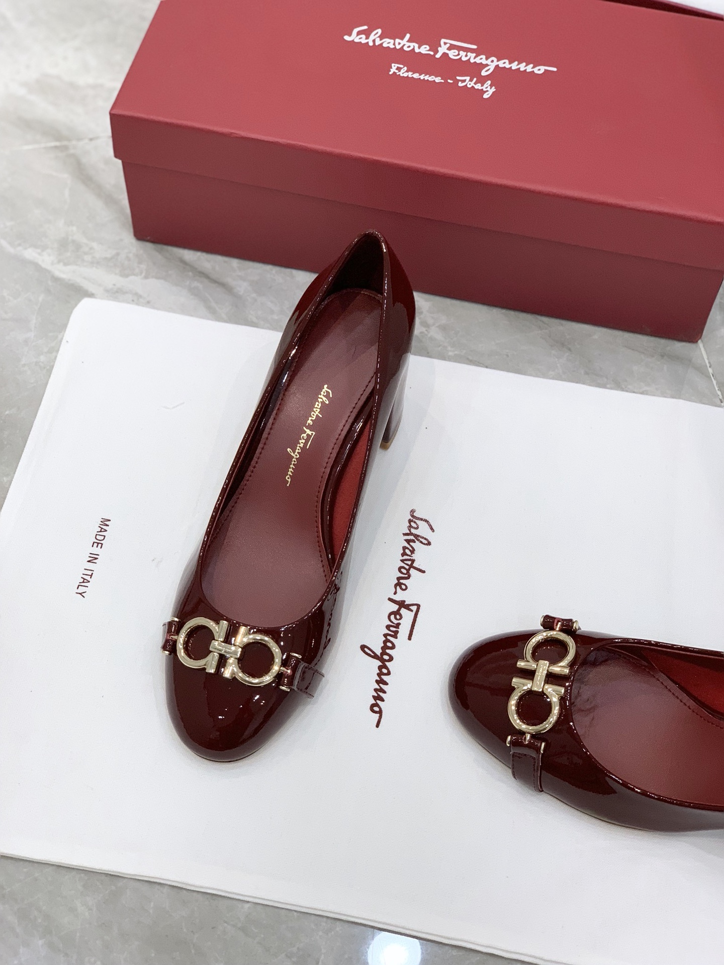 Salvatore Ferragamo Women's Burgundy Patent Leather Gancini Heel Pumps 8 i1631792486 1212 0