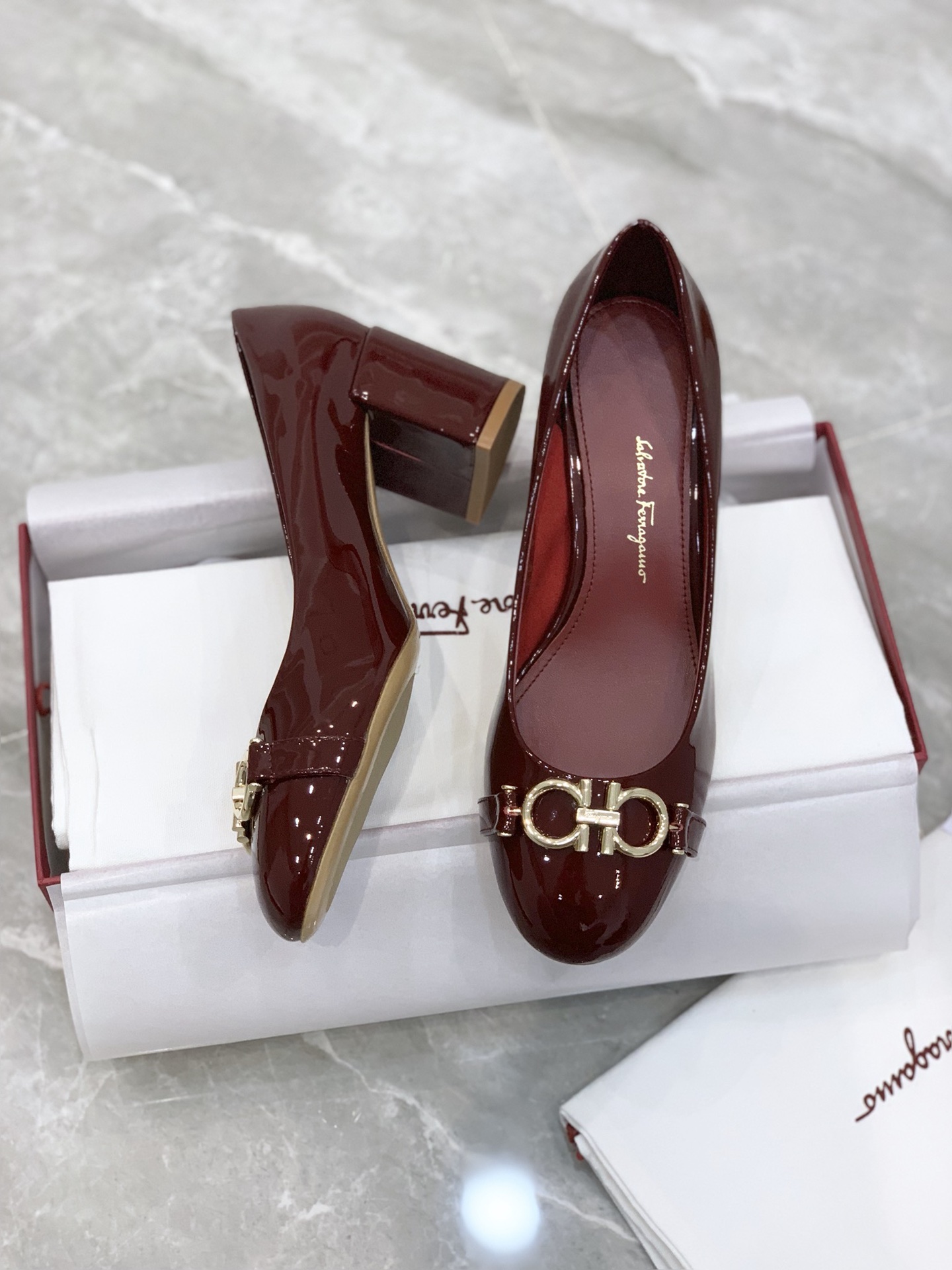 Salvatore Ferragamo Women's Burgundy Patent Leather Gancini Heel Pumps 7 i1631792506 9316 1
