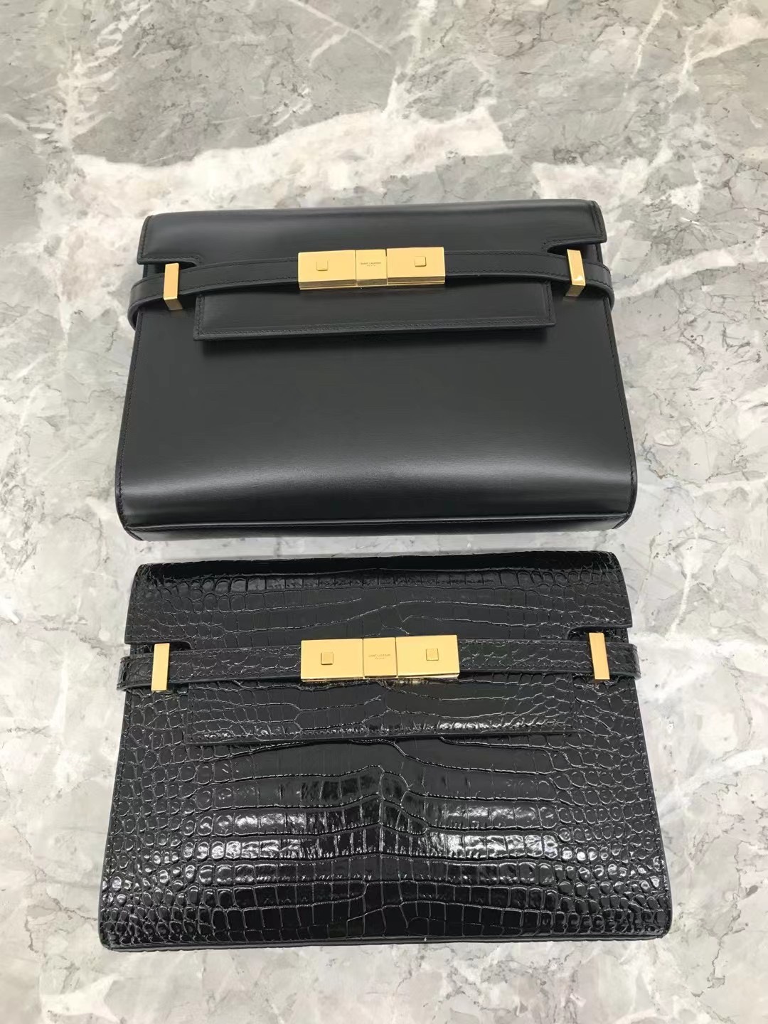 YSL 𝙈𝙖𝙣𝙝𝙖𝙩𝙩𝙖𝙣 𝟮𝟰𝙘𝙢 牙签纹法棍包 675626黑色/金扣