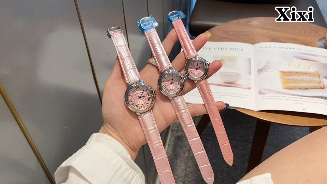 Cartier Ballon Bleu Pink Leather Strap Quartz Movement Women's Watch