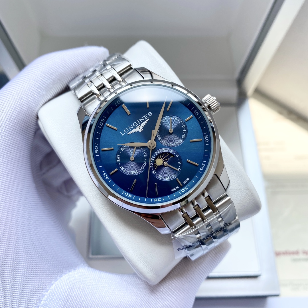 全新风格 经典热卖浪琴  Longines  男士腕表 全自动机械机芯 矿物强化玻璃 316L精钢表壳 精钢表带 时尚大方 商务休闲 尺寸:直径40mm 厚度12mm