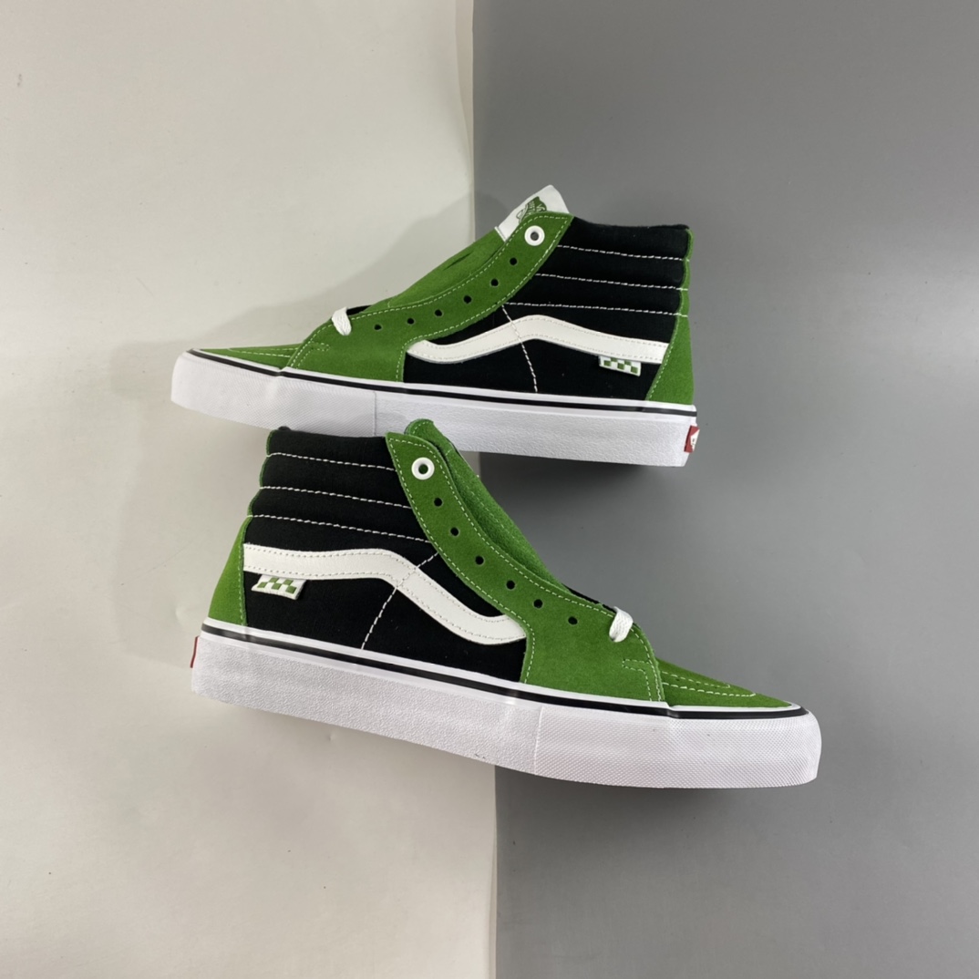 P160  Vans Skate Sk8 Hi 黑绿色侧标棋盘格高帮帆布鞋男女休闲板鞋 VN0A5FCC3OH