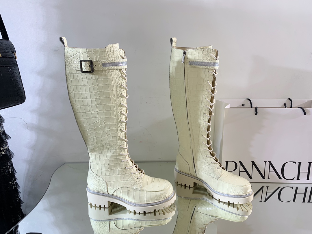 Rene Caovilla Bottes Martin Noir Blanc Serti de diamants Cuir vache Caoutchouc Peau mouton Collection automne – hiver