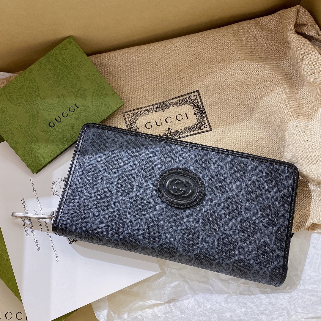 Черный кошелек GG Supreme канвас с одним отделением на молнии, кожаная окантовка, логотип Double G