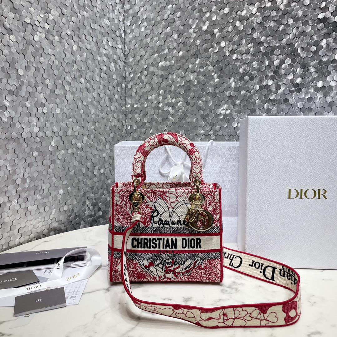 Dior Bags Handbags Gold Red White Embroidery Lady
