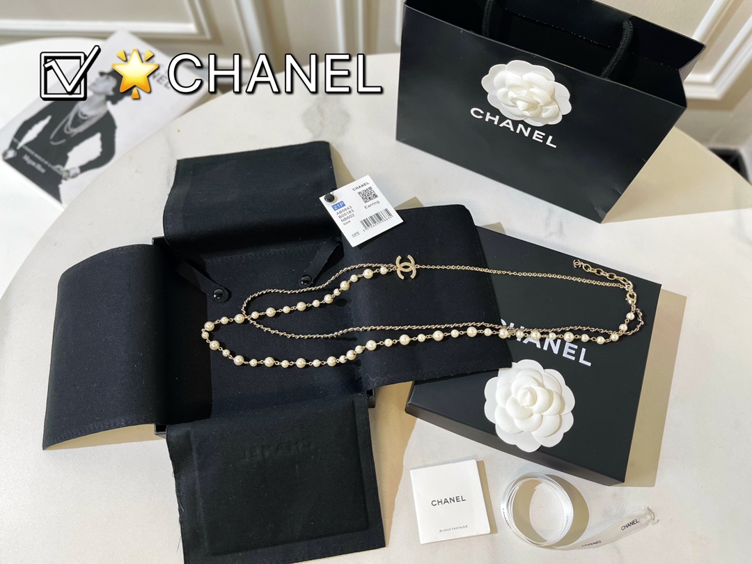 2021新款CHANEL香奈儿双c珍珠双层黑皮绳项链