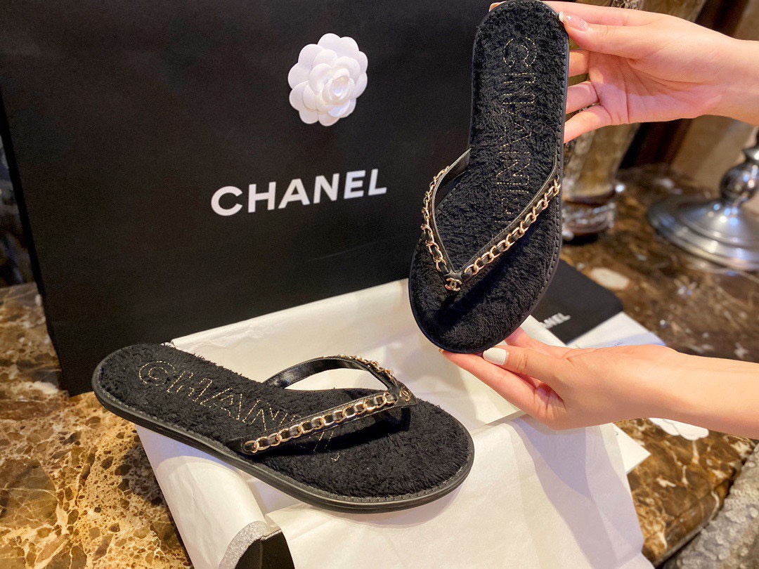 Chanel Shoes Flip Flops Black Chains