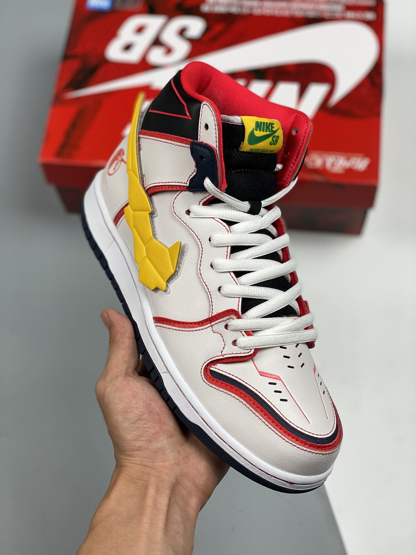 Nike SB Dunk High Pro blanco, amarillo y rojo, edición colaboración Gundam, versión de mejor relación calidad-precio, d…
