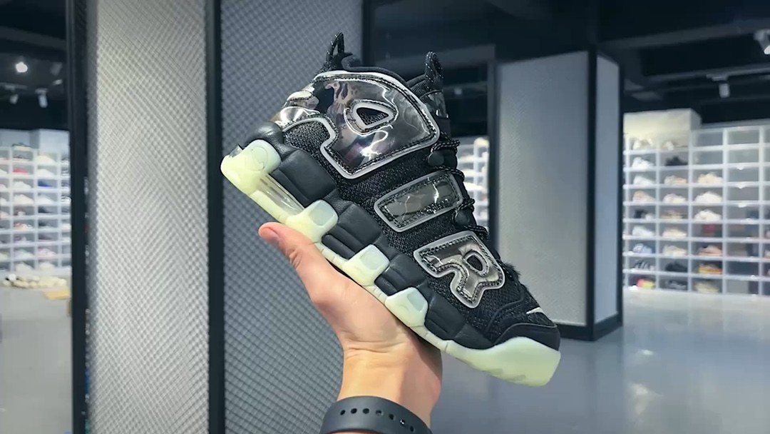 [Air Force Series]NikeAirMoreUptempo leather cap black green luminous light