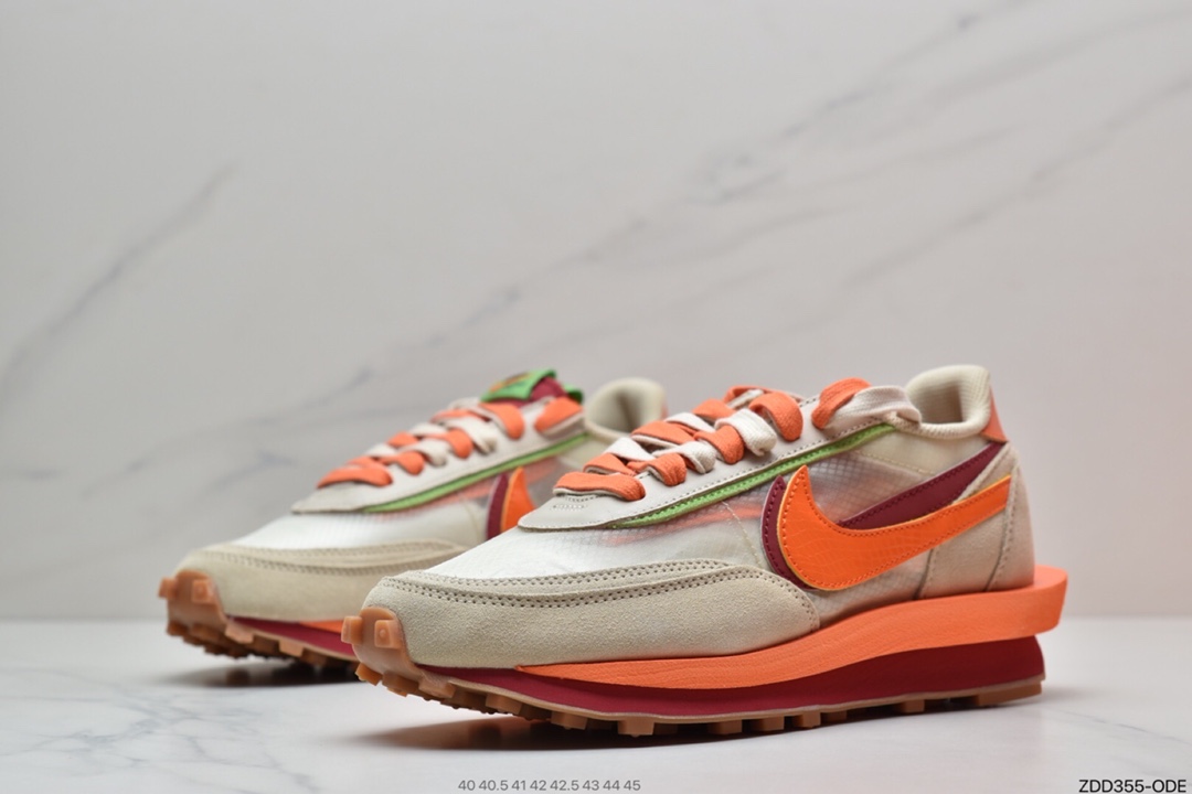 230 CLOT x Sacai x Nike LDV Waffle Daybreak”Net/Orange Blaze-Deep Red-Green”慢跑鞋DH1347-100