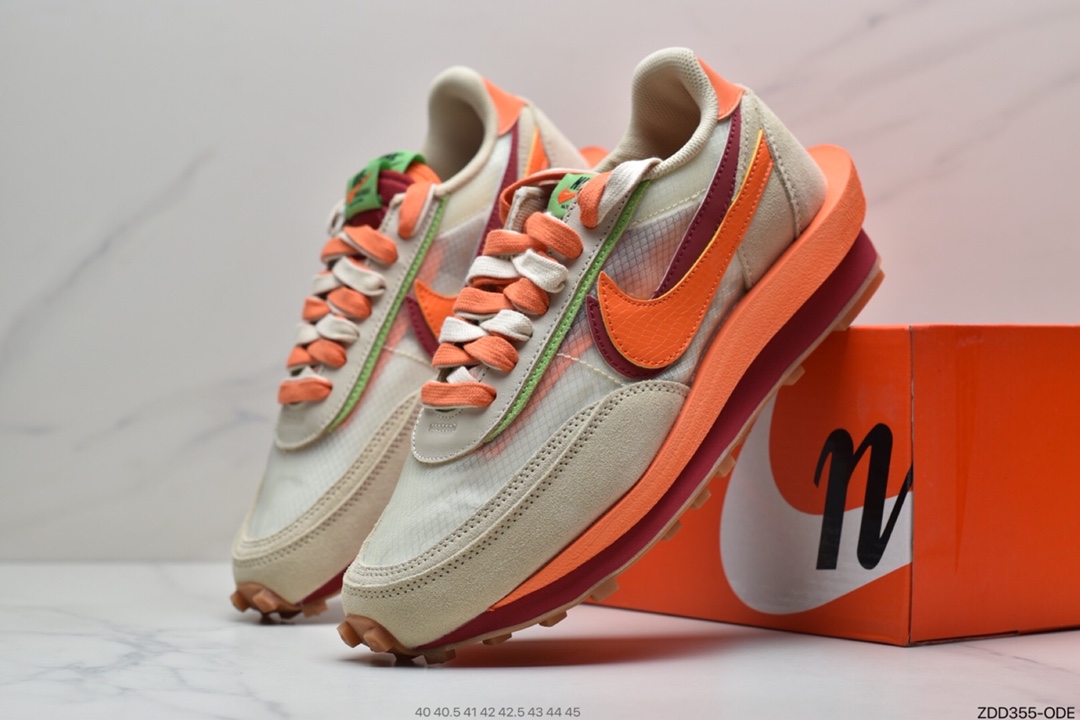 230 CLOT x Sacai x Nike LDV Waffle Daybreak”Net/Orange Blaze-Deep Red-Green”慢跑鞋DH1347-100