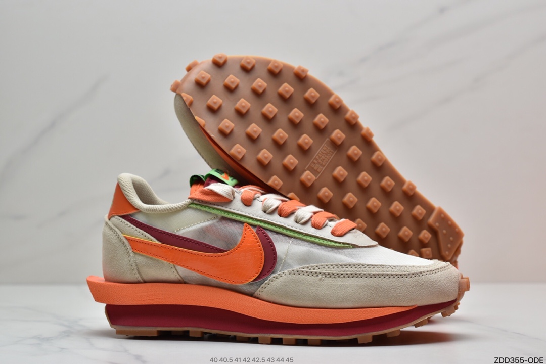 230 CLOT x Sacai x Nike LDV Waffle Daybreak”Net/Orange Blaze-Deep Red-Green”慢跑鞋DH1347-100