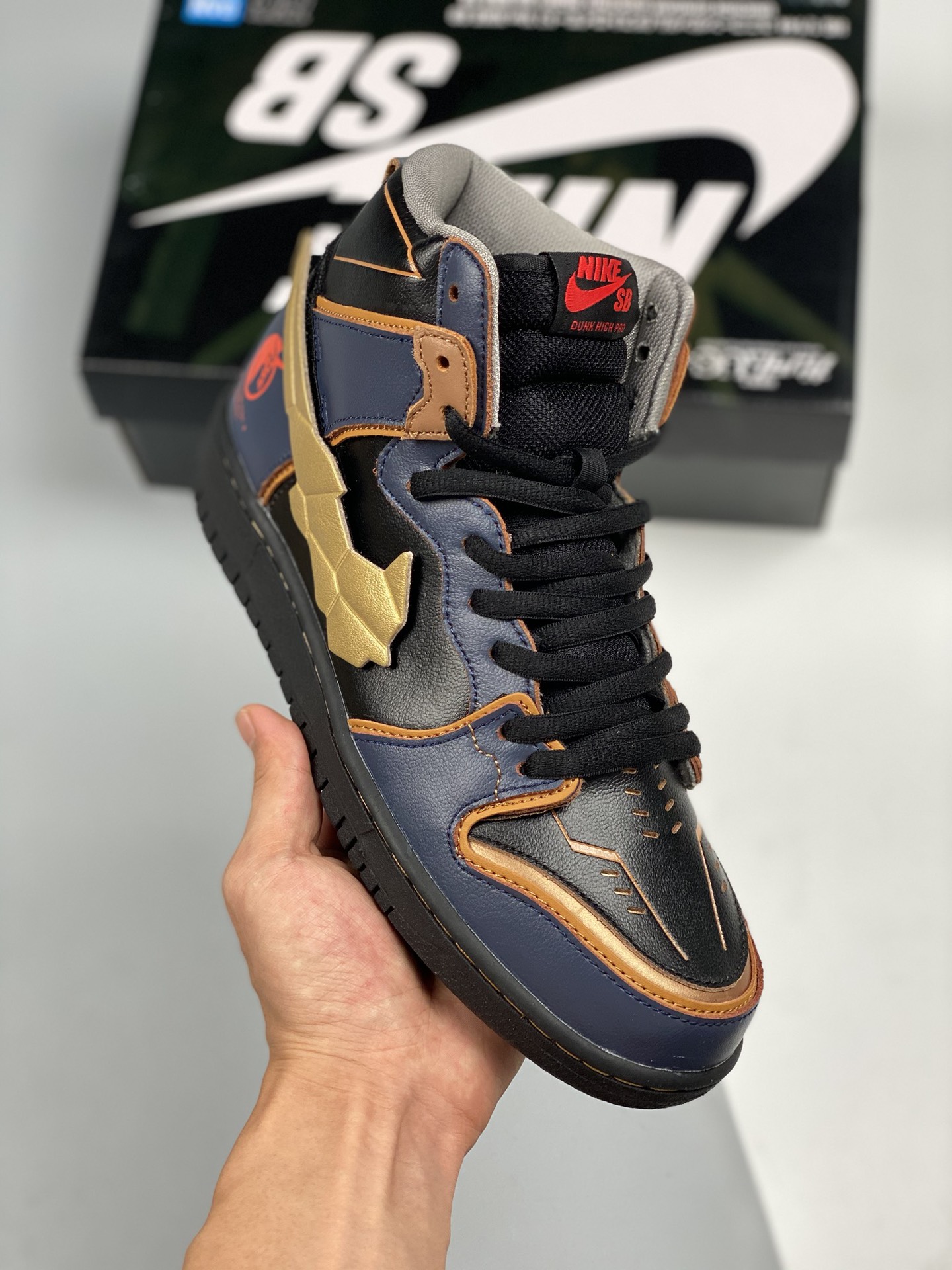 Nike SB Dunk High Pro negro azul dorado, edición colaboración Gundam, versión de mejor relación calidad-precio, desarro…
