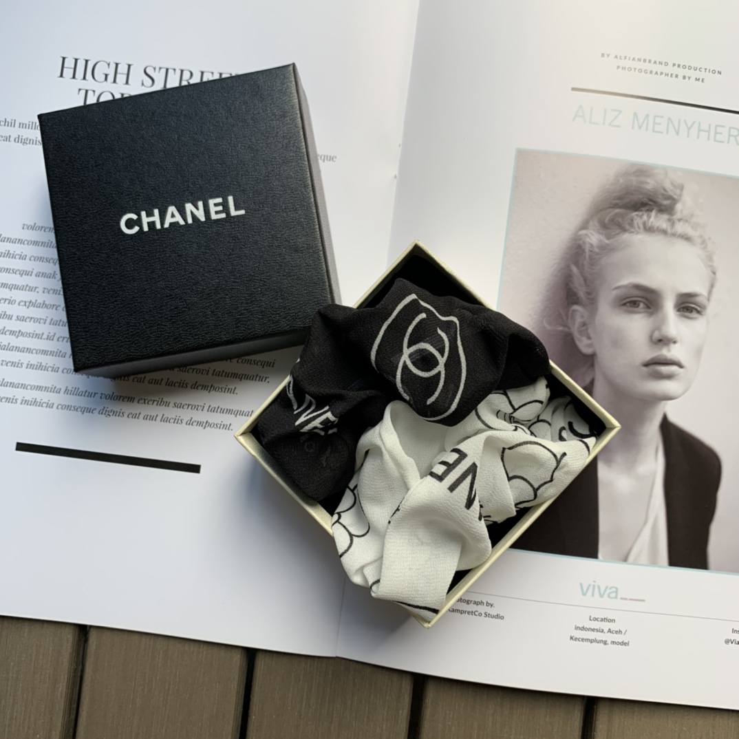 Chanel Hair Accessories Scrunchies Black White Fashion