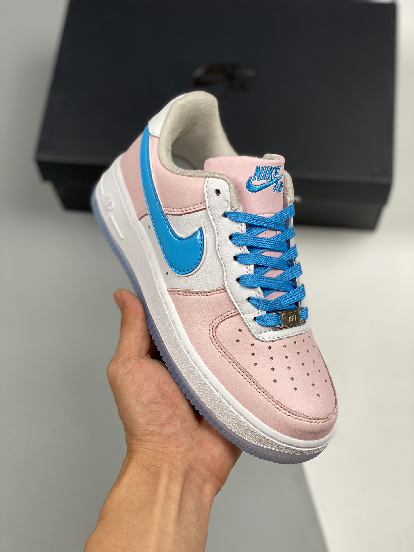 Nike Air Force 1 Low azul/rosa hada, zapatillas casuales de caña baja Air Force 1, cuero de fábrica original, horma y p…