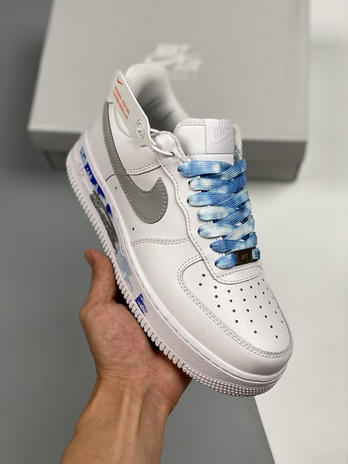 Nike Air Force 1 Low blanco/azul, zapatillas casuales de caña baja Air Force 1, cuero de fábrica original, horma y plan…