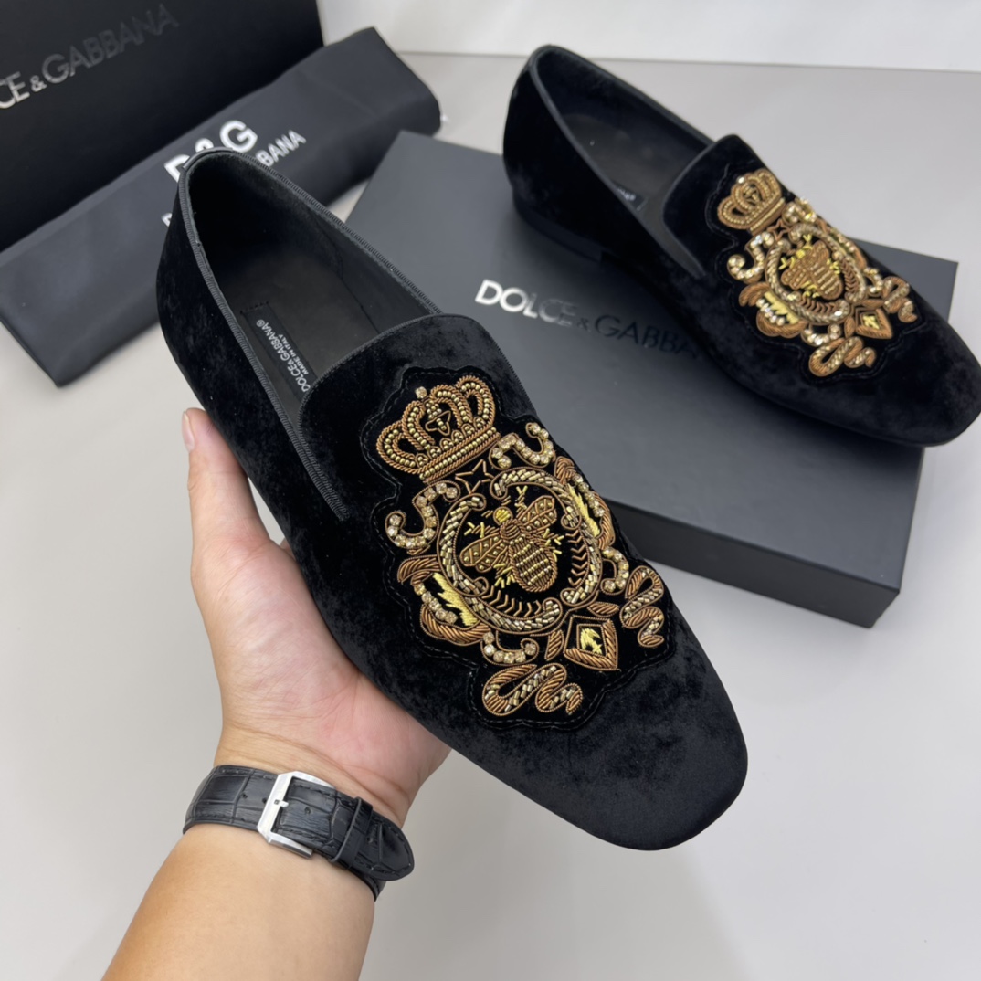 Dolce & Gabbana Black Velvet Loafers with Gold Embroidery, Size 38-45