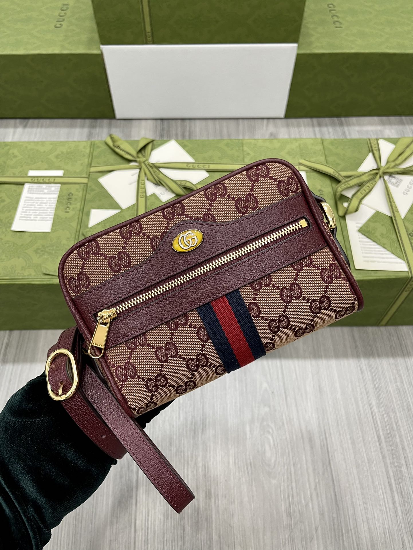 GUCCI Ophidia сумка-тоут среднего размера бежевый бордовый с двойной G фурнитурой