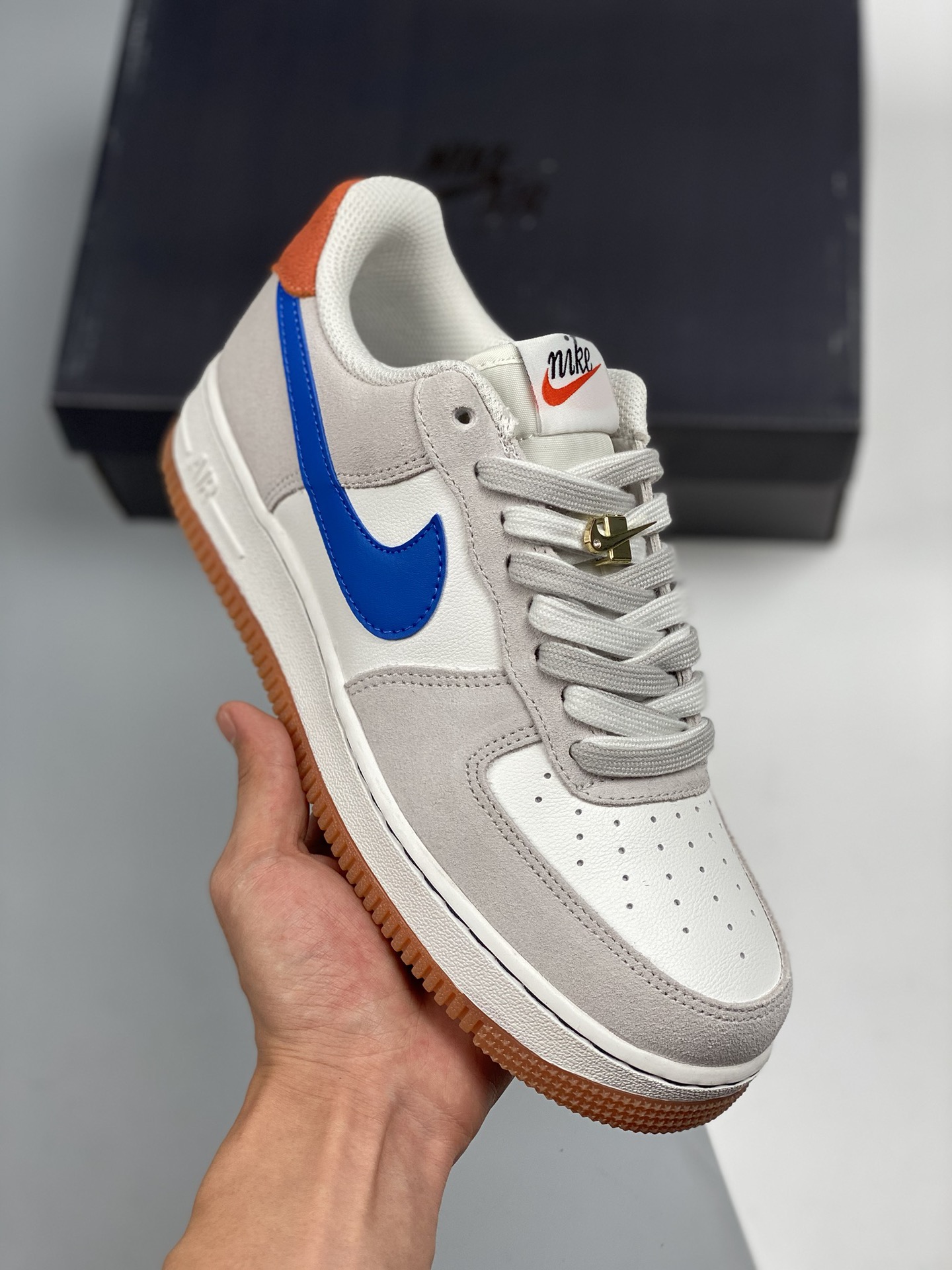 Nike Air Force 1 Low beige/azul, zapatillas casuales de caña baja Air Force 1, cuero de fábrica original, horma y plant…