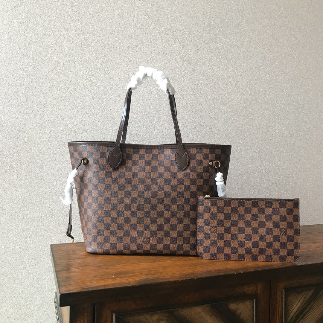 Louis Vuitton LV Neverfull Tassen handtassen Koffiekleur Goud Rood Geel Damier Ebene Canvas Koeienhuid Stof Vintage N41358