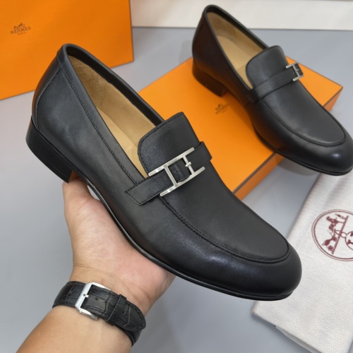 Hermes Men's Black Leather Loafers with Silver Buckle Detail, Sizes 38-45