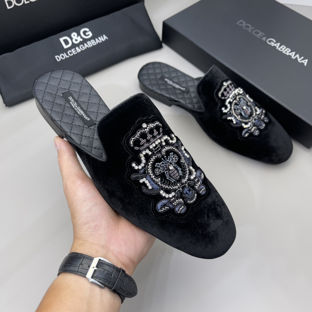 Dolce & Gabbana Velvet Slippers with Hand-Embroidered Crest, Sizes 38-45