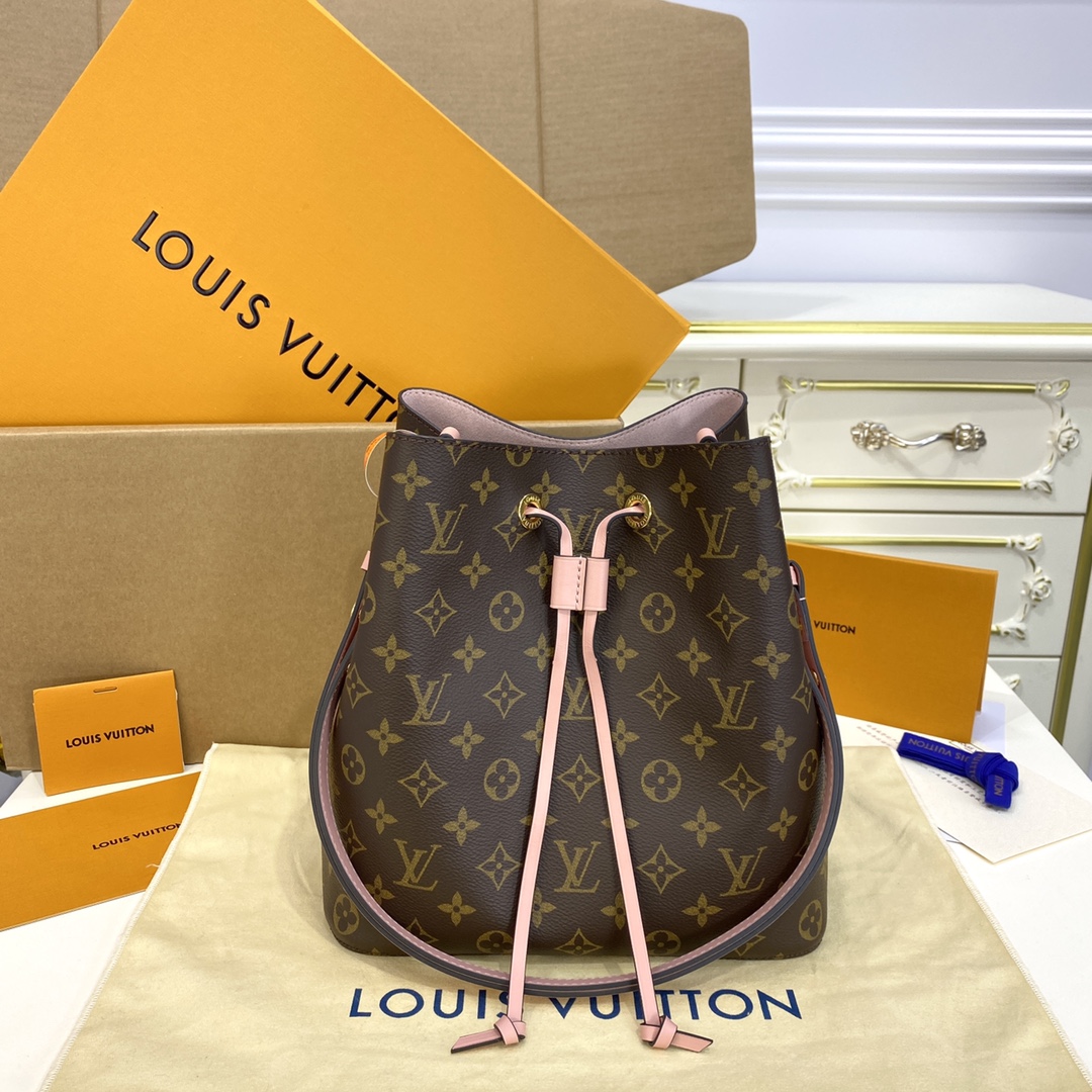 Louis Vuitton LV NeoNoe Bucket Bags Gold Pink Monogram Canvas Calfskin Cowhide Spring Collection M44022