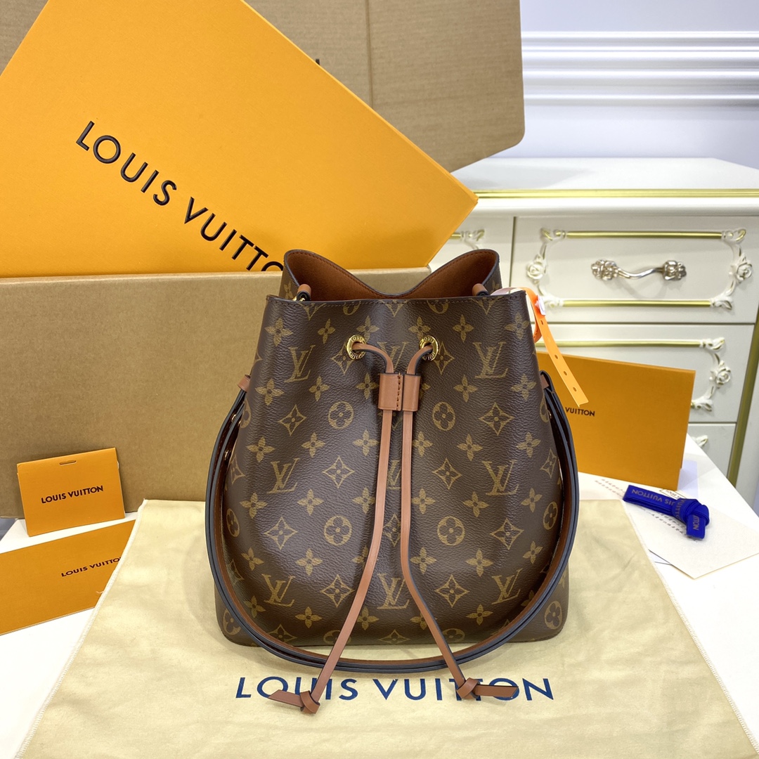 Louis Vuitton LV NeoNoe Bucket Bags Caramel Gold Monogram Canvas Calfskin Cowhide Spring Collection M44887