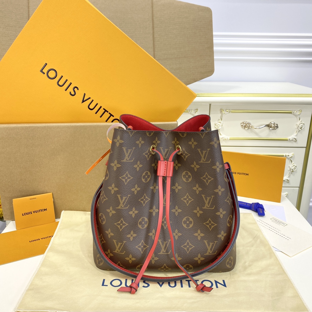 Louis Vuitton LV NeoNoe Bucket Bags Gold Red Monogram Canvas Calfskin Cowhide Spring Collection M44021