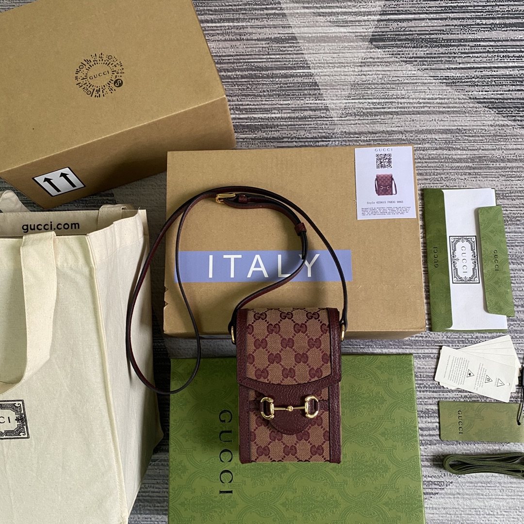 GUCCI 1955馬銜扣 老花 手機包 可調節肩帶
