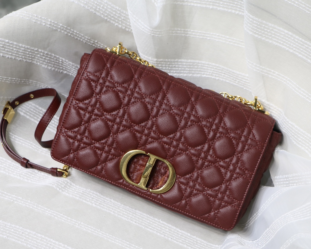 Burgundy Cannage Calfskin Flap Chain Shoulder Bag