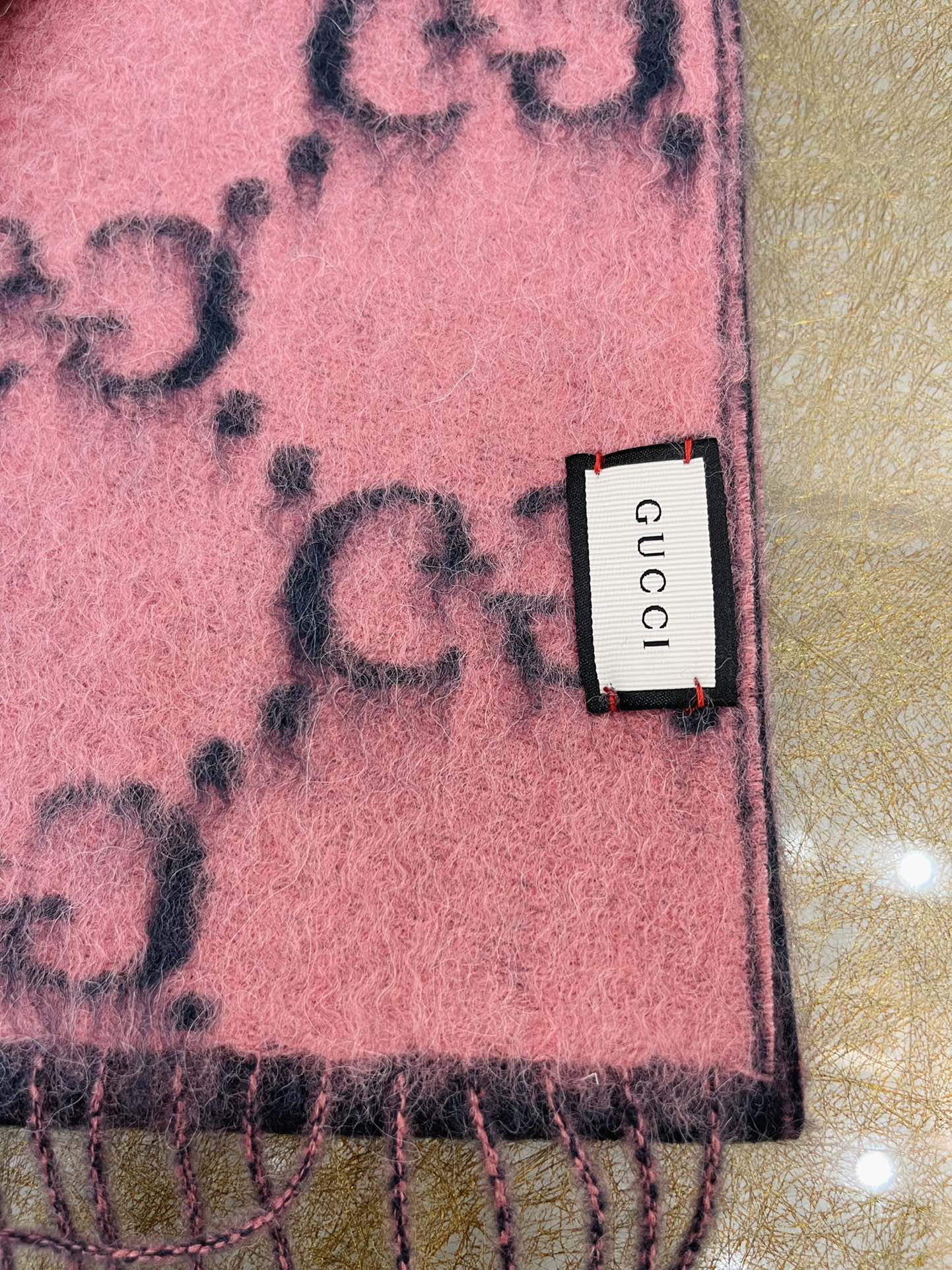 GUCCI古驰GG钻石菱格纹羊驼毛羊毛混纺围巾