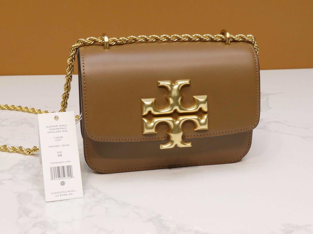 Tory Burch ～TB73589新款小号豆腐包 棕色 链条可以单肩和斜挎两用 夸张的大双T五金 透露出包包的