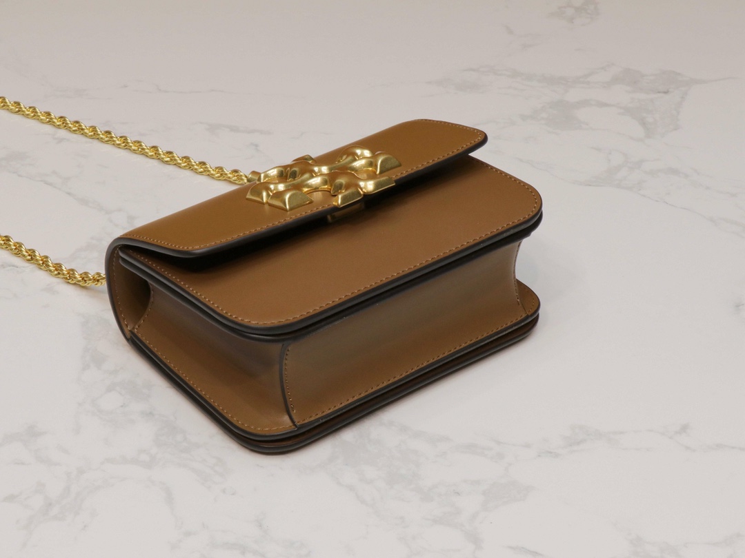 Tory Burch ～TB73589新款小号豆腐包 棕色 链条可以单肩和斜挎两用 夸张的大双T五金 透露出包包的