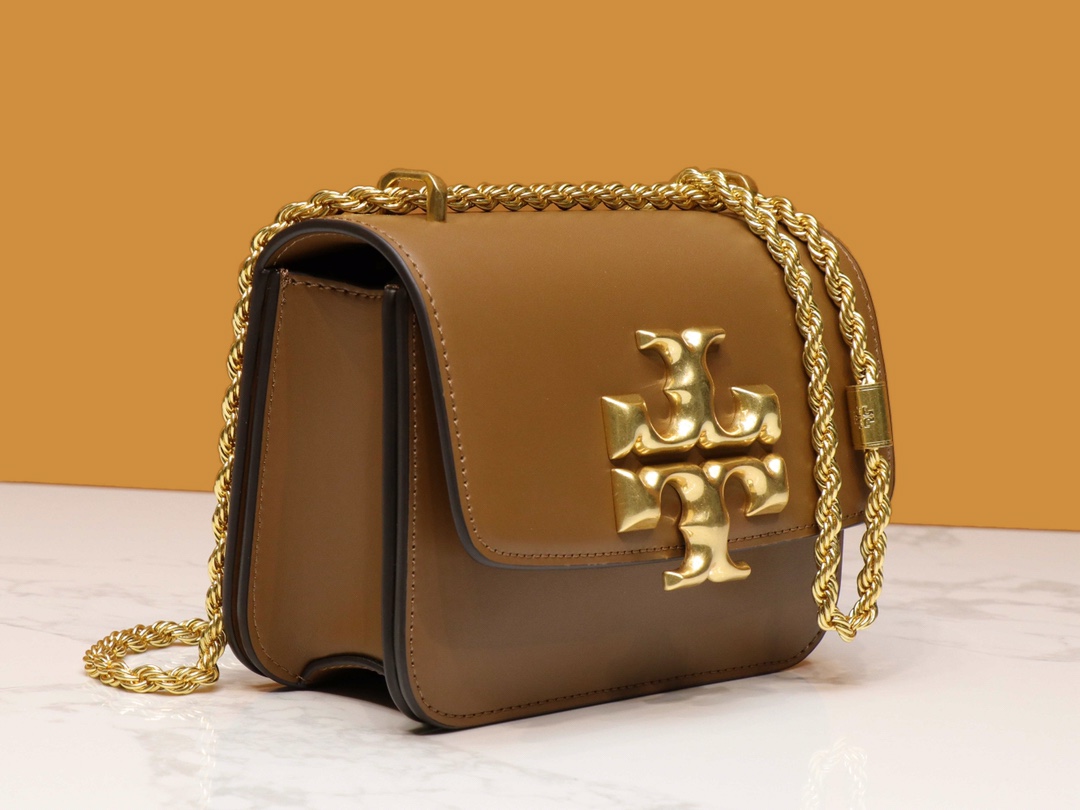 Tory Burch ～TB73589新款小号豆腐包 棕色 链条可以单肩和斜挎两用 夸张的大双T五金 透露出包包的