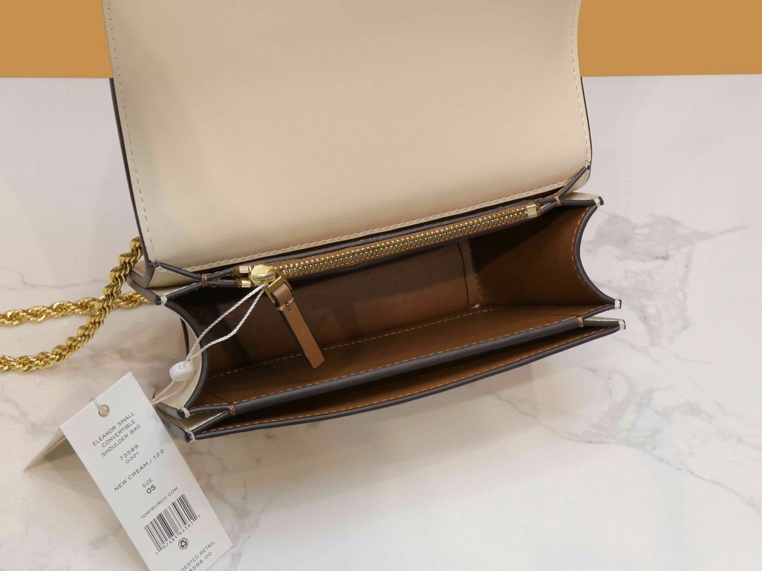 Tory Burch ～TB73589新款小号豆腐包 米白 链条可以单肩和斜挎两用 夸张的大双T五金 透露出包包的