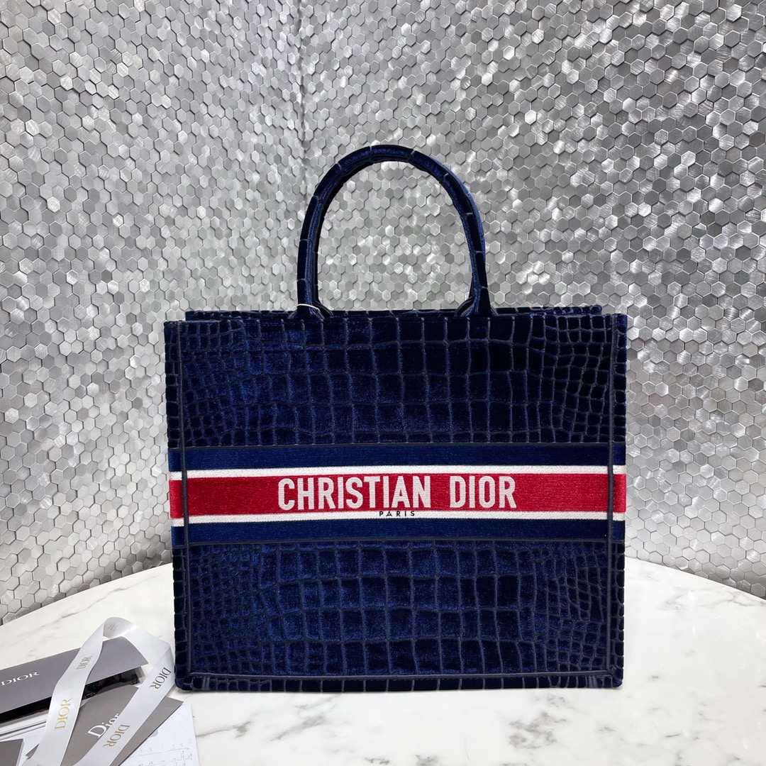 Dior Book Tote Handbags Tote Bags Blue Embroidery Cotton Crocodile Leather Velvet