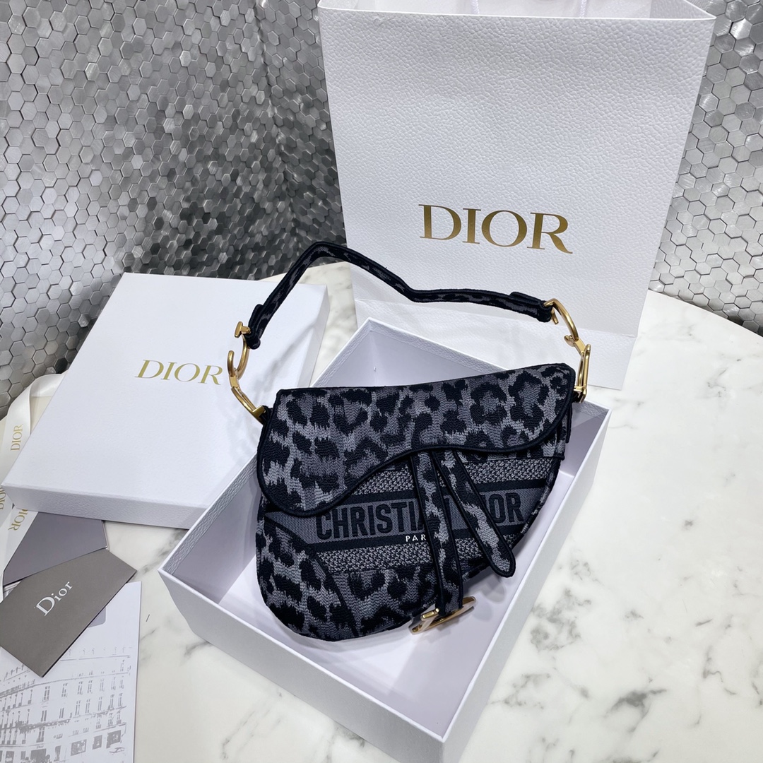 Dior Saddle Bags Gold Grey Leopard Print Embroidery Vintage