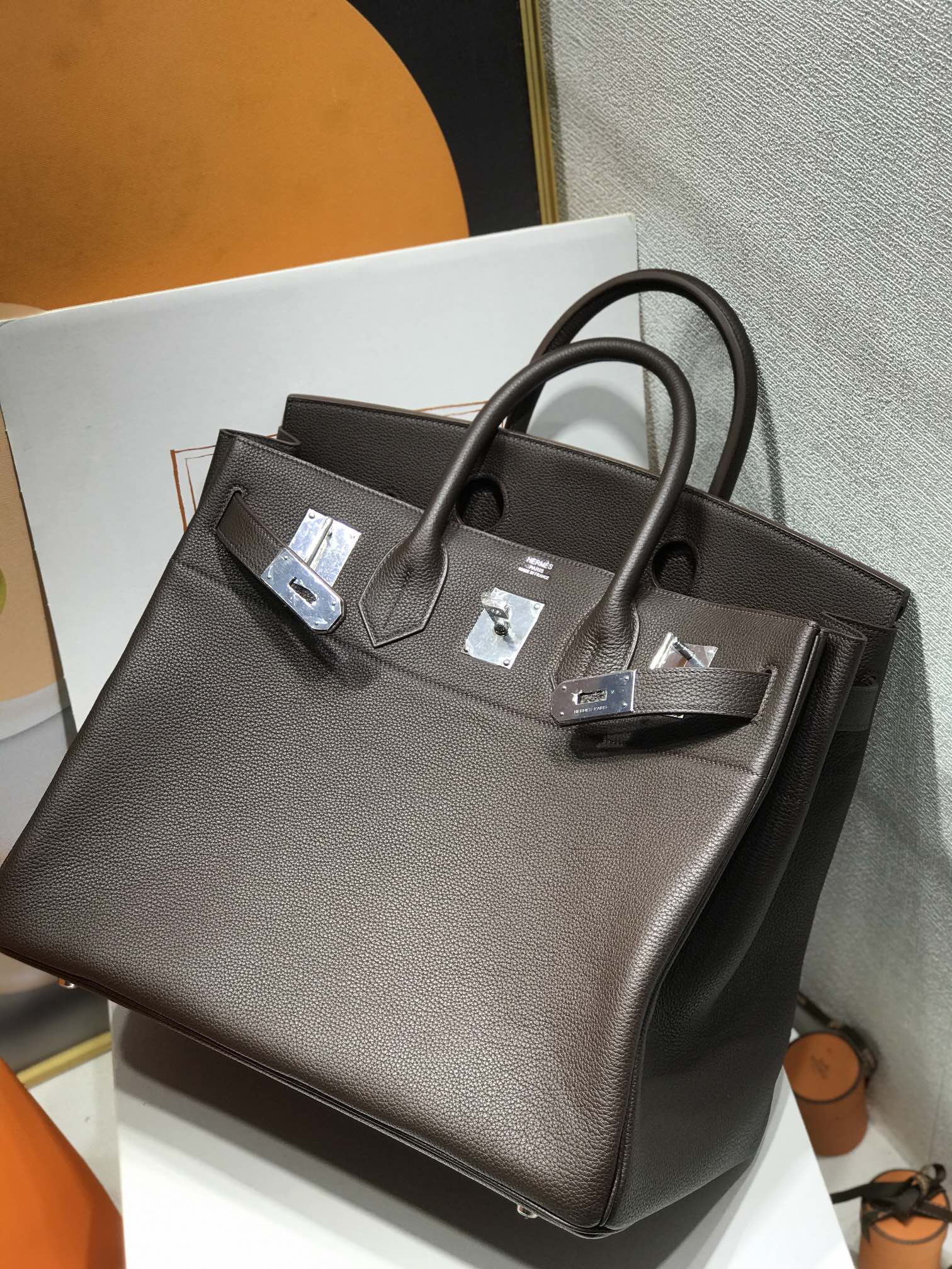 Hermès Rare oversized HAC40cm Birkin togo leather Ebene ebony silver buckle