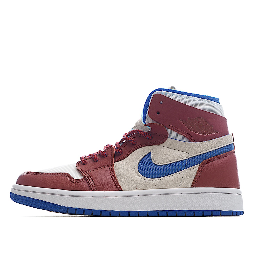I0 Air Jordan 1 Zoom Air CMFT AJ1 乔1 酒红色 CT0979-104整双鞋子以米白色为主色，点缀具有复古气息的酒红色皮革材质鞋身，将绒毛材质和细腻皮革材质相结合，并在侧面配以镂空蓝色Swoosh标签，最后搭配上马蹄形Zoom气垫以及泡棉中底和外底完成整体设计，吸睛效果十足的同时又不失质感，简约又高级。