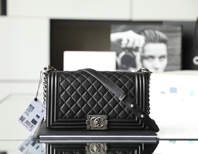 Chanel Le Boy Flap Bag, Medium Size, Black Small Ball Grain Leather 1 Chanel Le Boy Flap Bag, Medium Size, Black Small Ball Grain Leather