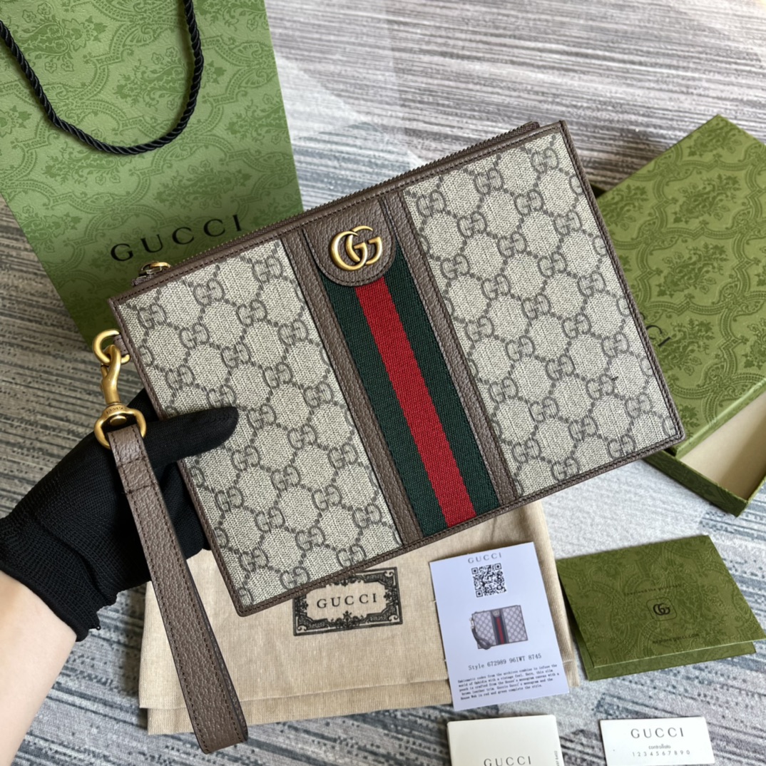 GUCCI Ophidia canvas clutch bag with red-green web and detachable handle