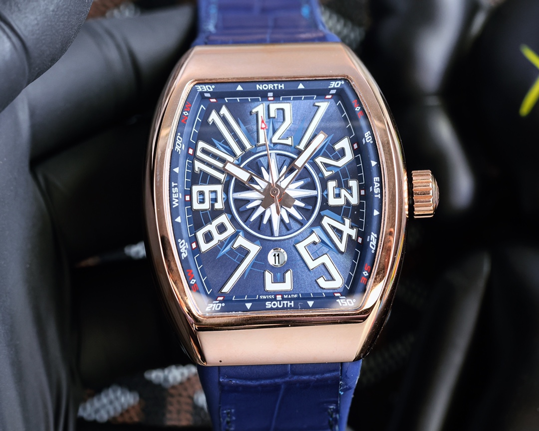 Franck Muller V45 SC DT الساعات بلو جلد البقر مطّاط السراويل الرياضية Automatic Mechanical Movement حزام