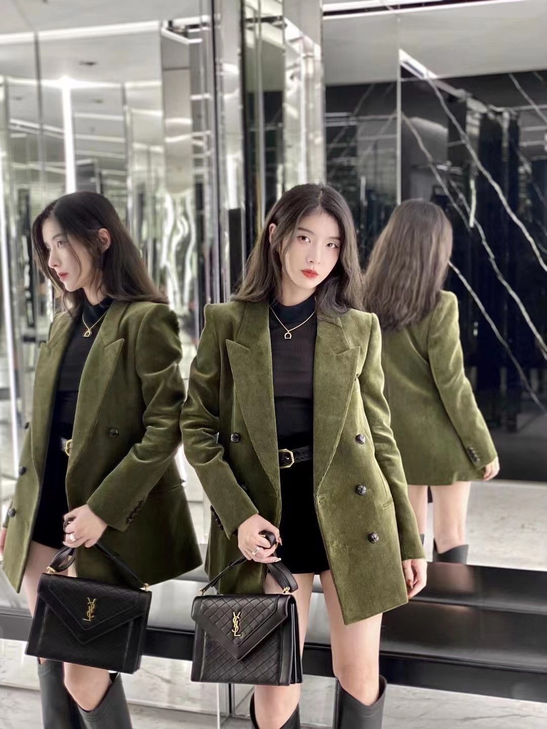 Saint laurent Ysl Gaby绗缝纹路信封斜挎包 668863黑色