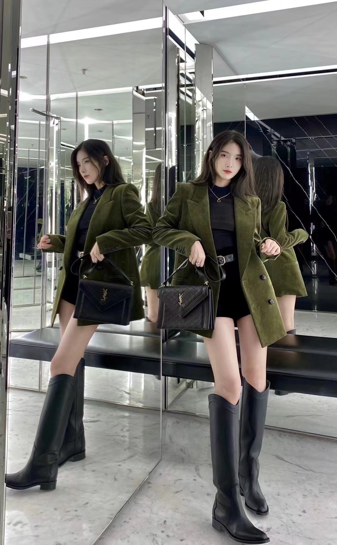 Saint laurent Ysl Gaby绗缝纹路信封斜挎包 668863黑色