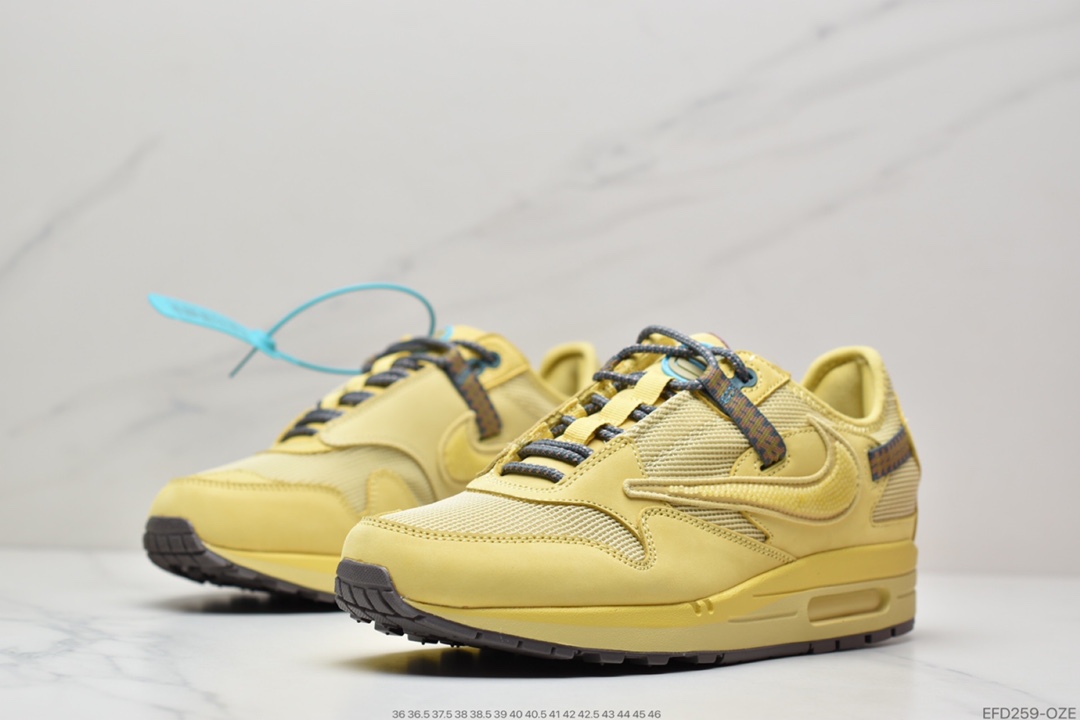 390 Travis Scott x Nike Air Max 1” Wheat/Lemon”运动慢跑鞋“柠檬黄做旧倒钩”DO9392-700
